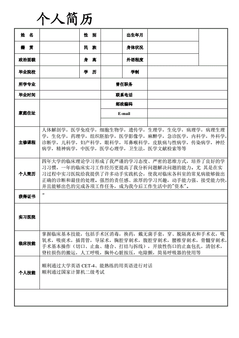 簡歷模板(個人簡歷模板表格下載可填寫)